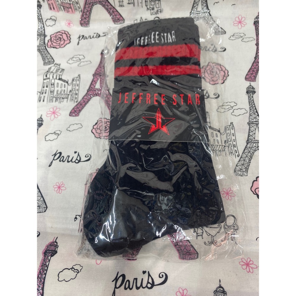 Jeffree Star Cosmetics Mid Calf Socks Black Red Striped Logo Athletic Crew